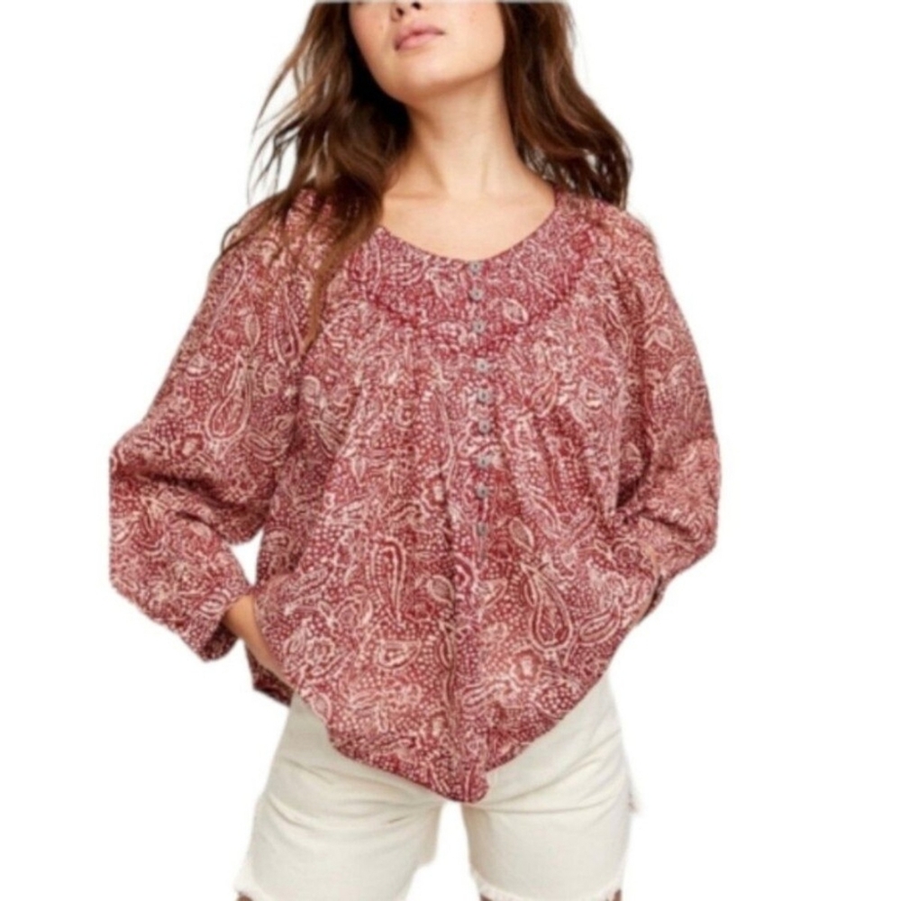 We Free People Cool Meadow Printed Rust Red Balloon Sleeve Cotton Tunic Top